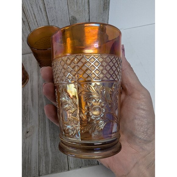 Vintage Dugan Lattice and Daisy Tumbler Marigold Carnival Glasses 4 1/4" Set 4 - Picture 6 of 8